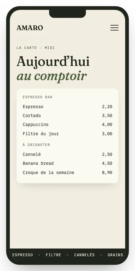 Site témoin Amaro sur téléphone : la carte du midi, espresso bar et choses à grignoter, prix alignés
