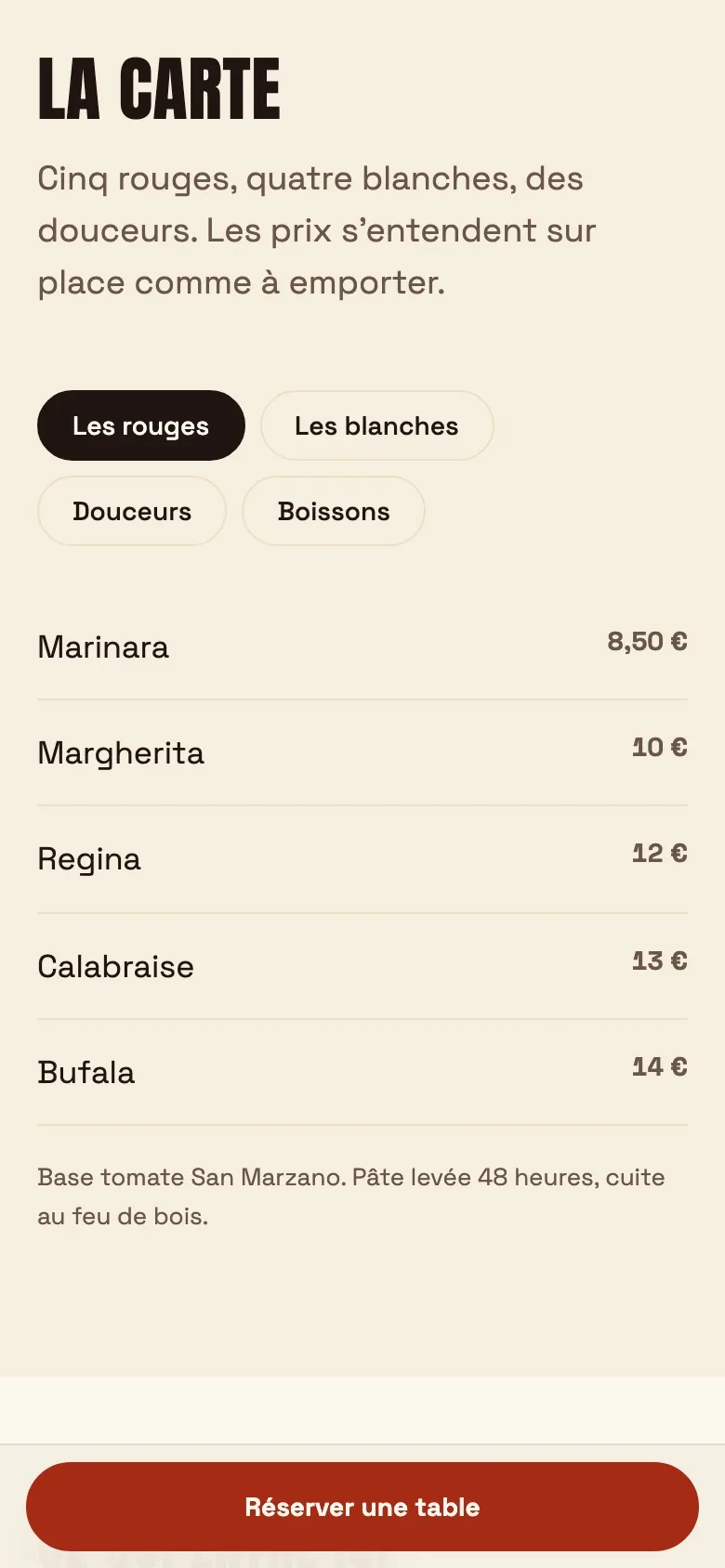 La carte des pizzas du site de Pallina sur téléphone